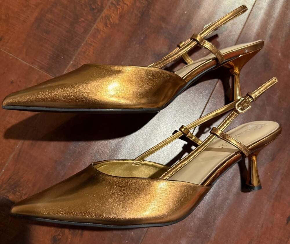 Nine West Metallic Gold Pointed Toe Kitten Heel Slingback Pumps Sz.10 - Picture 10 of 11